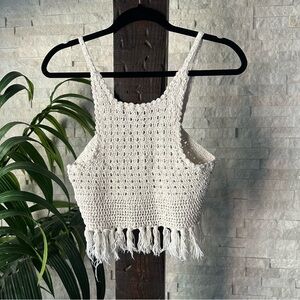 Zara Crochet Tassel Fringe Crop Boho Cotton Top Size S